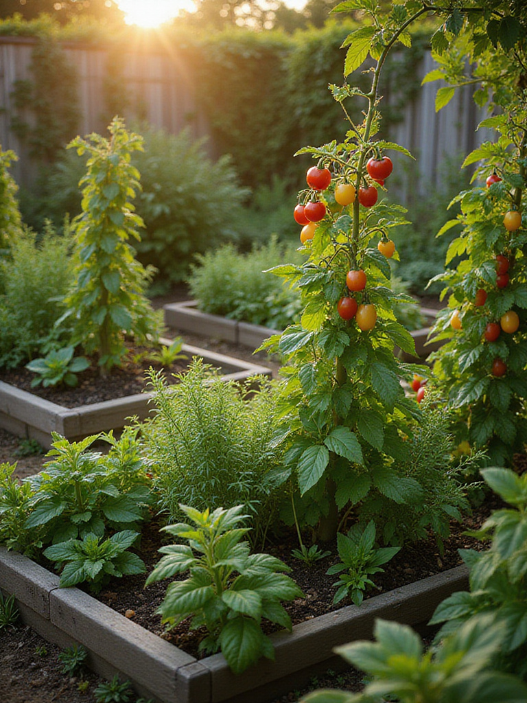 Lush backyard edible garden featuring a variety of herbs, vegetables, and fruits in raised beds.
