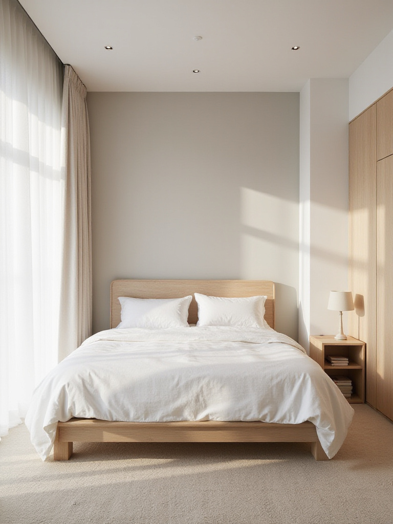 Serene modern bedroom with neutral color foundation featuring greige walls and white bedding