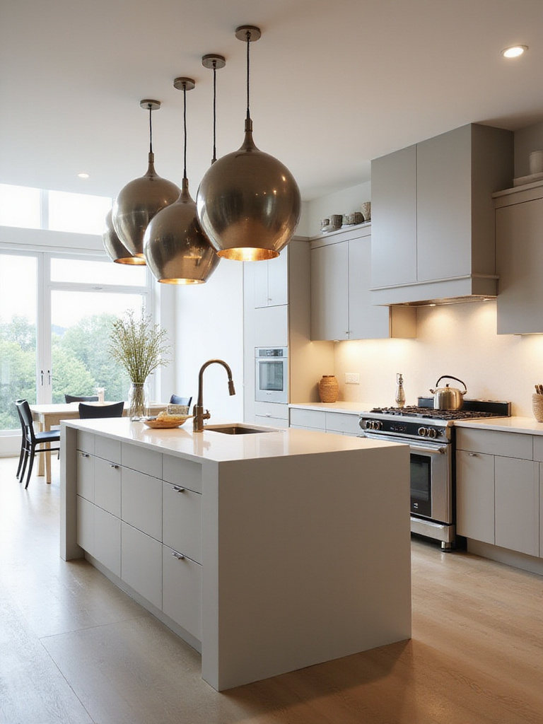 Modern kitchen with a large island and oversized sculptural globe pendants as a statement lighting focal point.