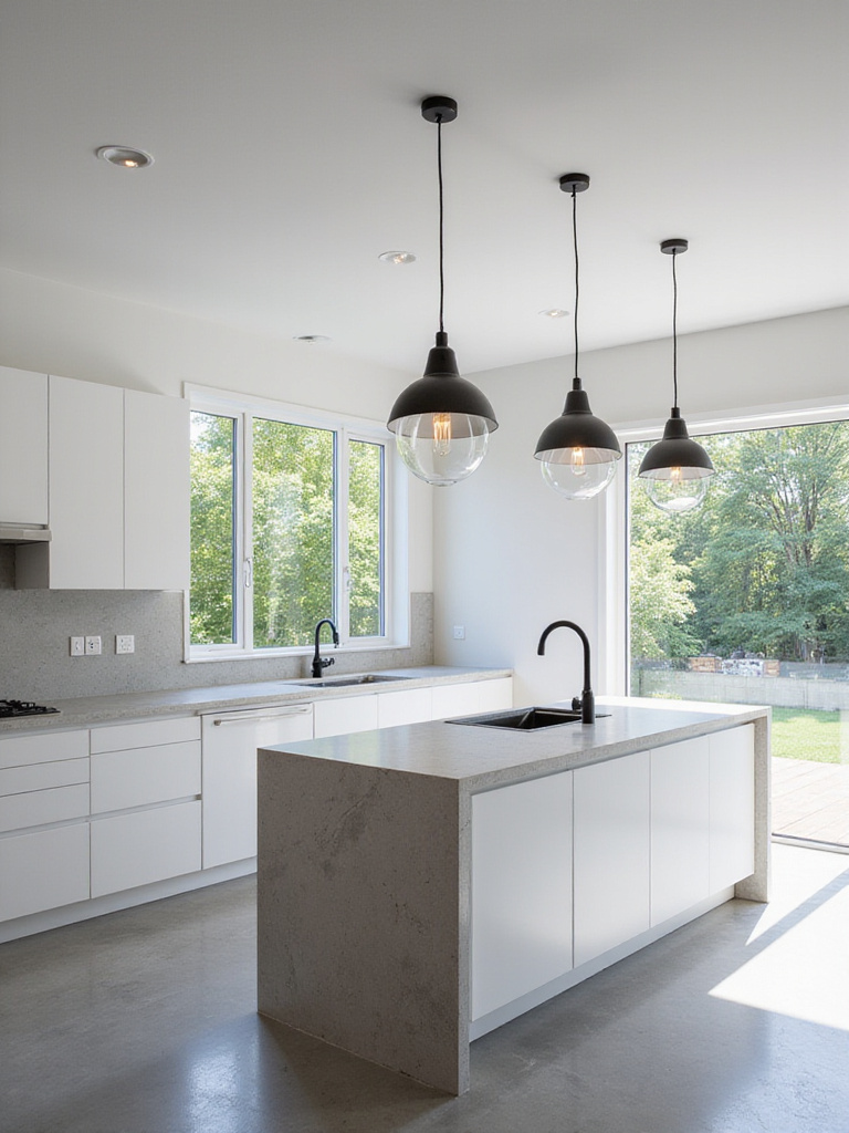 Dramatic black metal and glass pendant lights hanging over a modern kitchen island with white cabinets and grey countertops.