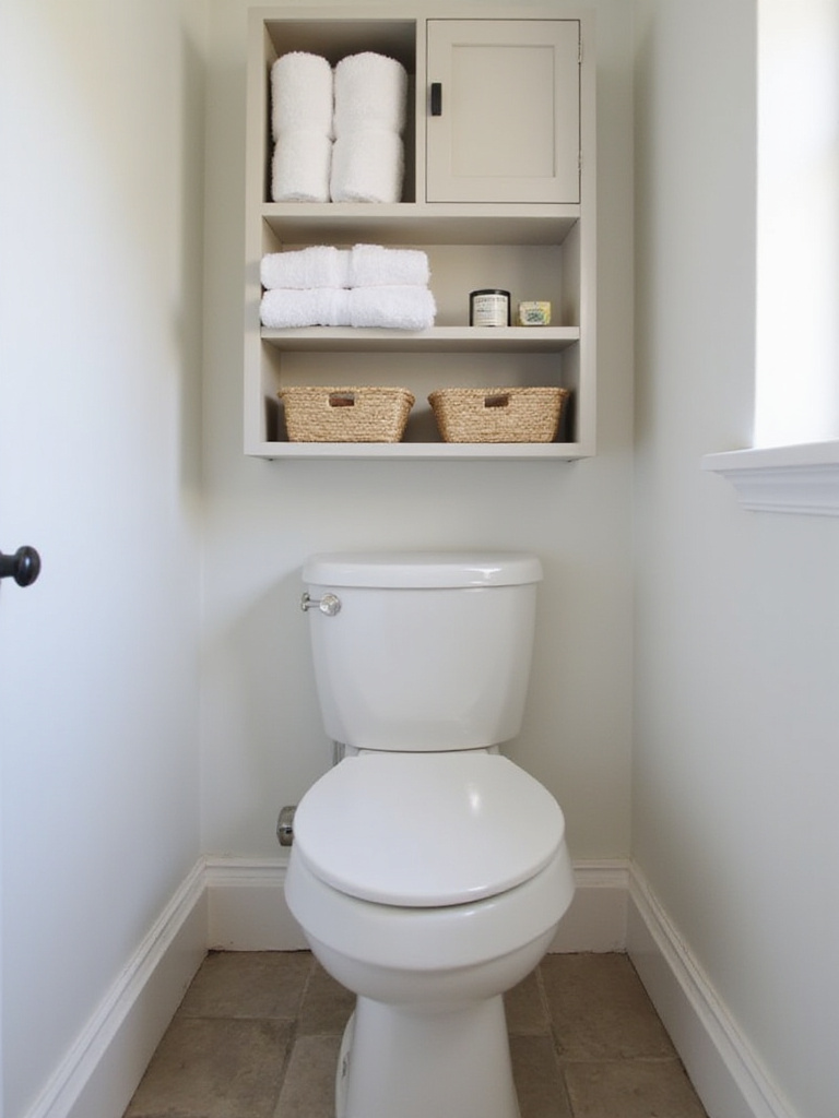 Over-the-toilet storage unit in a small modern bathroom, featuring shelves with towels and baskets, and a closed cabinet, maximizing vertical space.