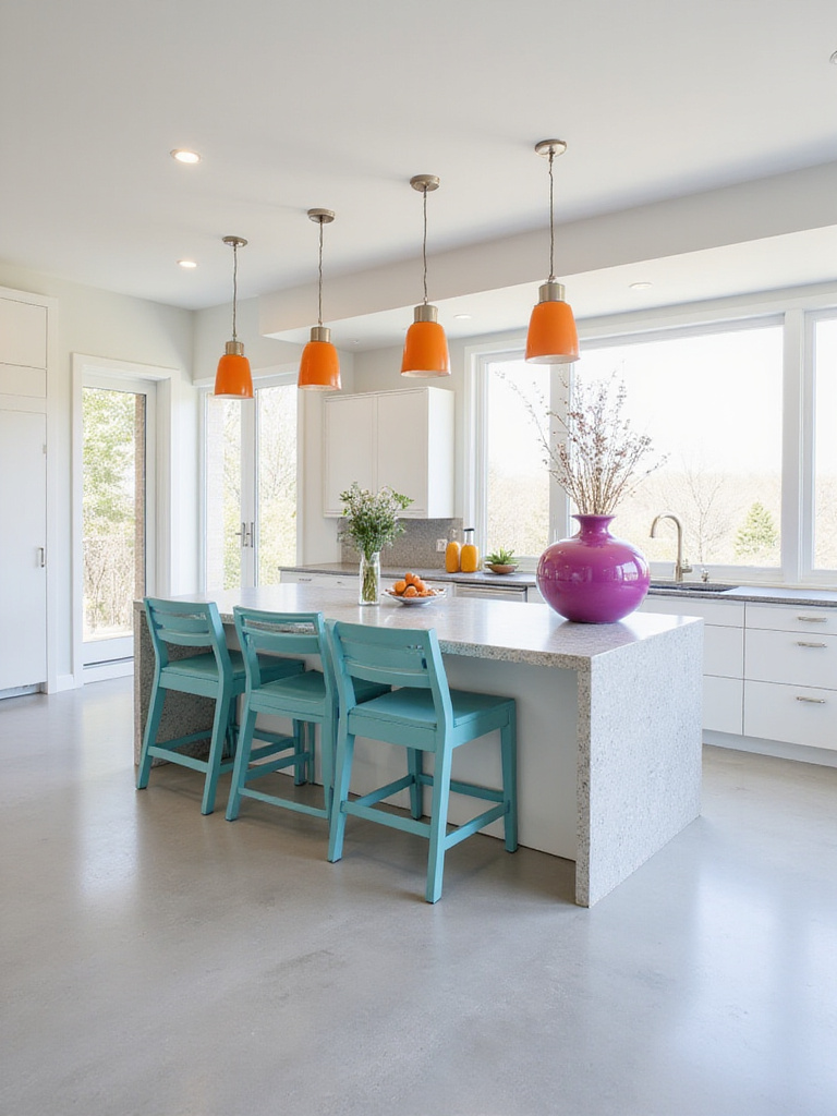 Sleek modern kitchen with white cabinets and gray countertops, featuring pops of unexpected color from teal bar stools, orange pendant lights, and a magenta vase.
