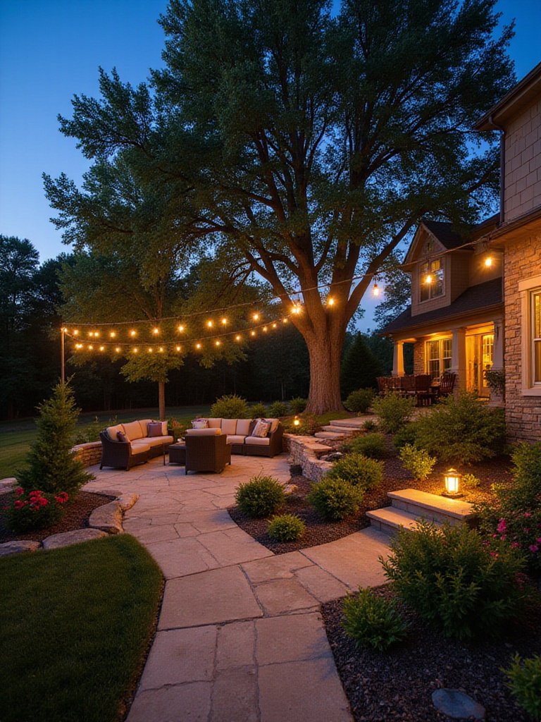 Landscaped backyard at dusk with strategic outdoor lighting showcasing a patio, mature tree, walkway, and water feature.