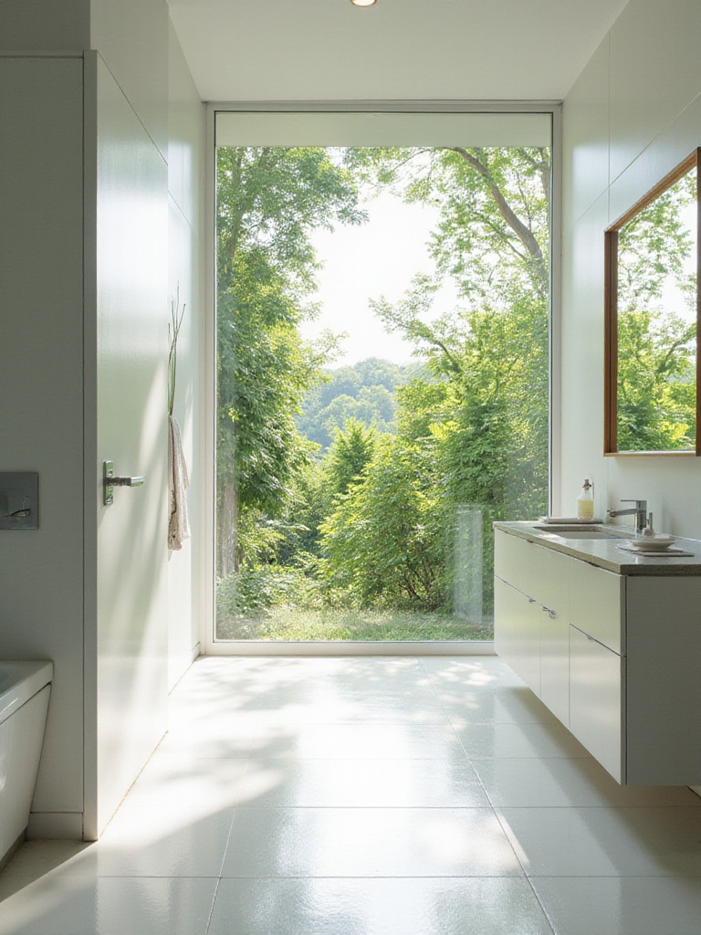 Bathroom mirror reflecting natural light and garden view