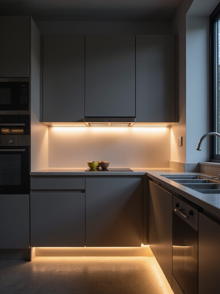 Modern kitchen featuring strategic under-cabinet task lighting illuminating the countertops and soft toe-kick LED lighting creating ambient glow at the base of the cabinets.