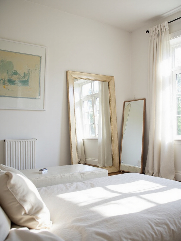 Bright bedroom featuring strategically placed mirrors opposite windows and on walls to enhance natural light and create the illusion of more space.