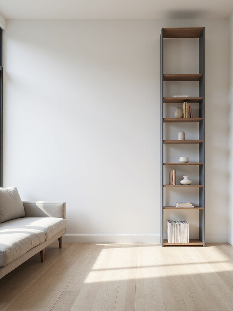 A minimalist living room featuring a tall, dark grey streamlined metal bookcase with clean lines, showcasing a few books and decor items.