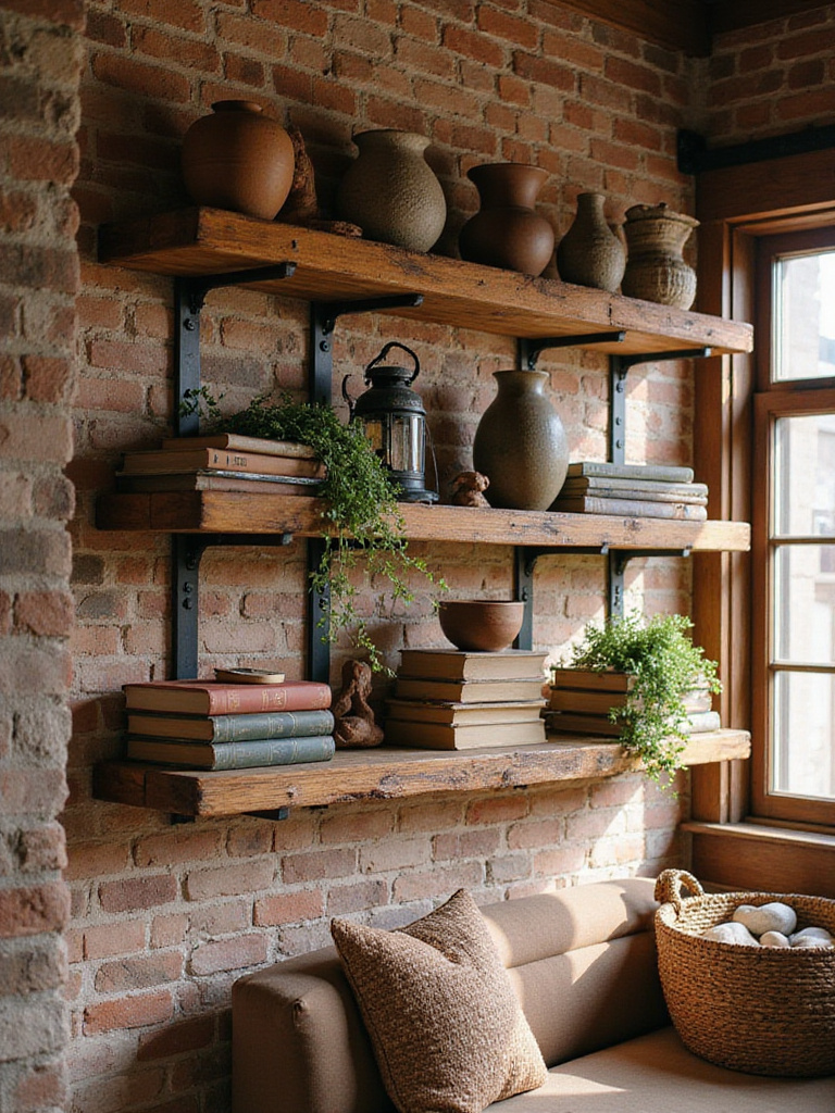 Rustic open shelving on a brick wall in a cozy living room, styled with vintage books, ceramic pottery, plants, a metal lantern, and other natural and distressed decor items.