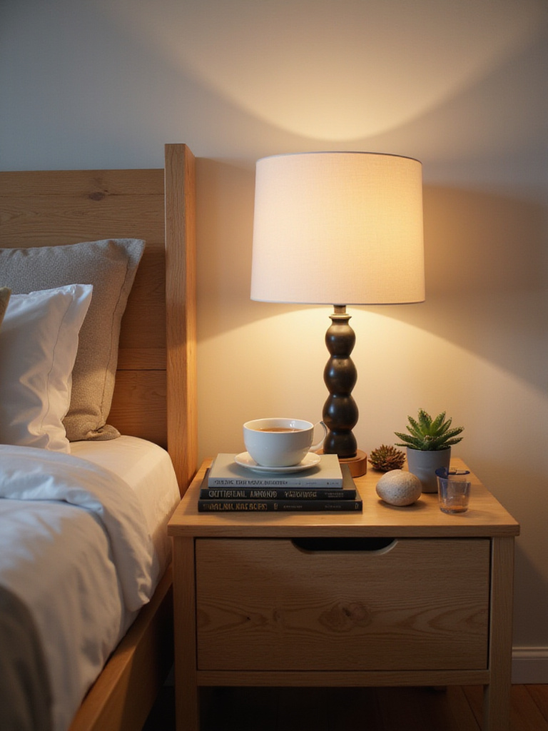 A stylishly arranged light wood bedside table featuring a lamp, books, water mug, succulent, and decorative item in a modern bedroom.