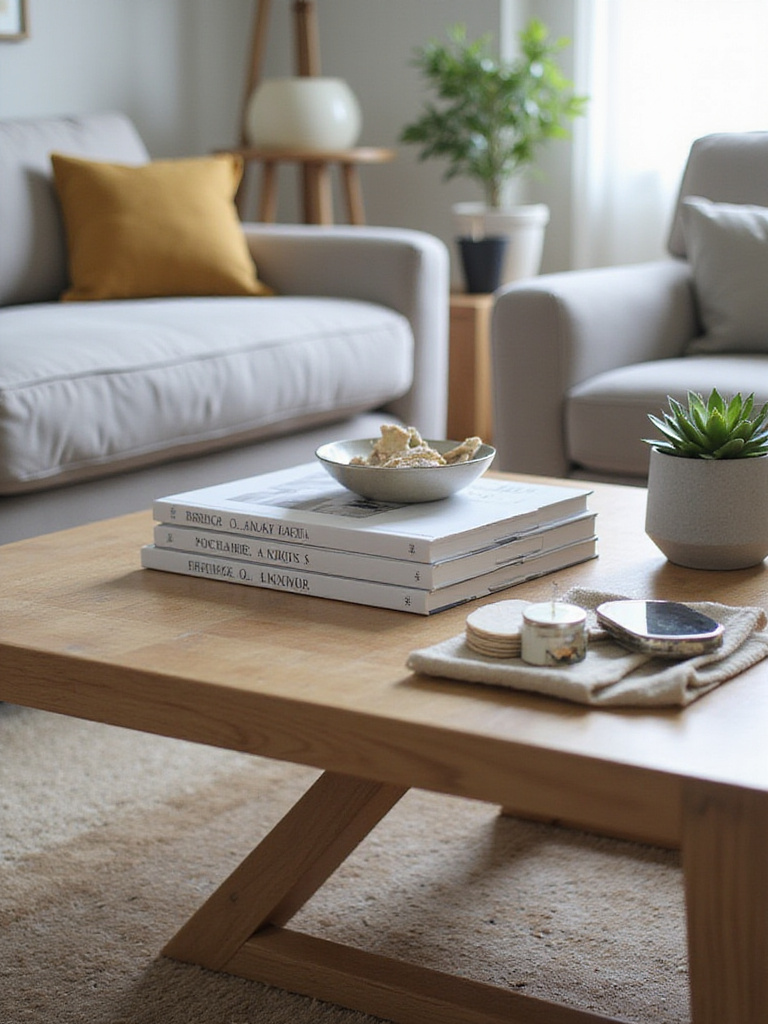 A stylishly arranged rectangular wooden coffee table in a modern living room, featuring a stack of books, a potted succulent, a decorative bowl with coasters, and a candle on a tray.