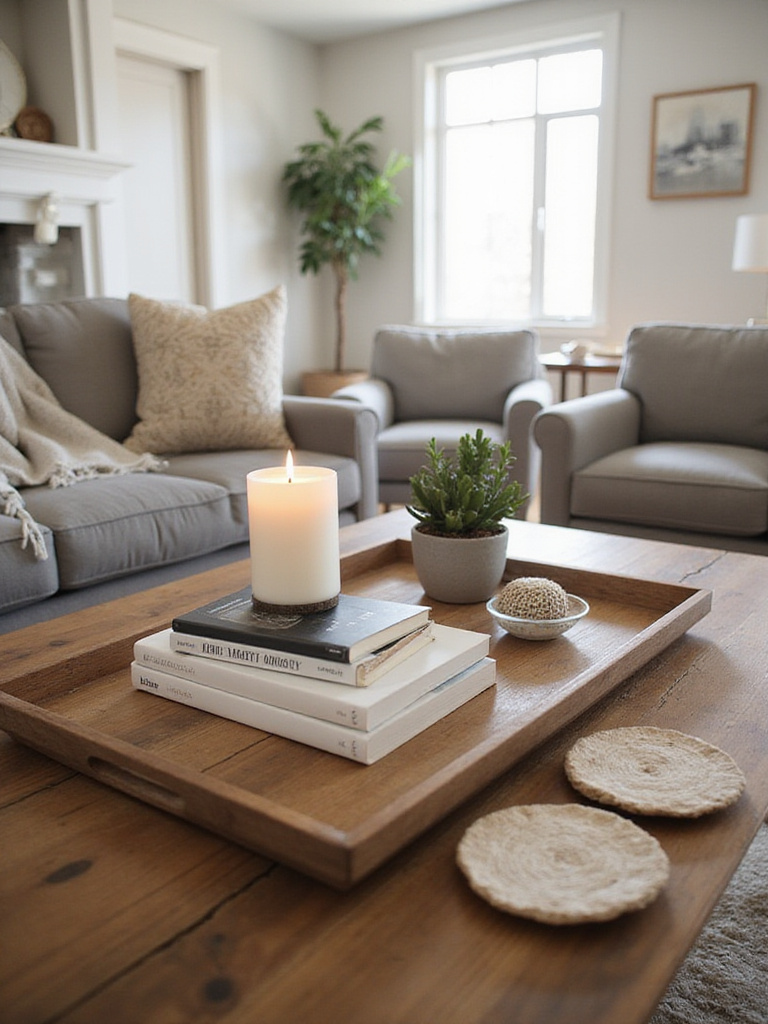 Cozy living room coffee table styled with books, candles, and a succulent.