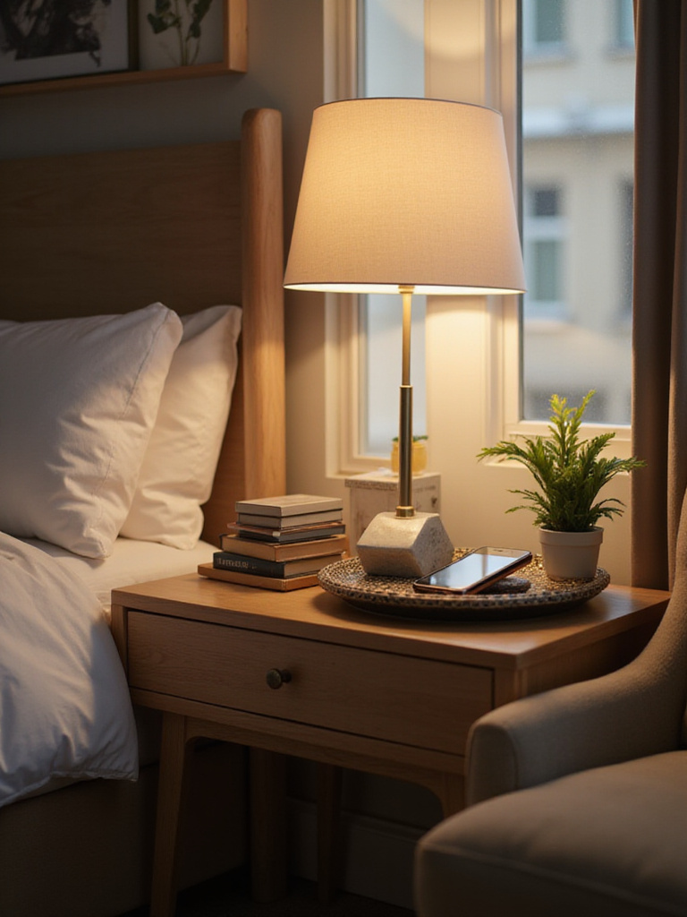 Beautifully styled nightstand next to a bed featuring a lamp, books, tray, and plant, balancing function and decor.