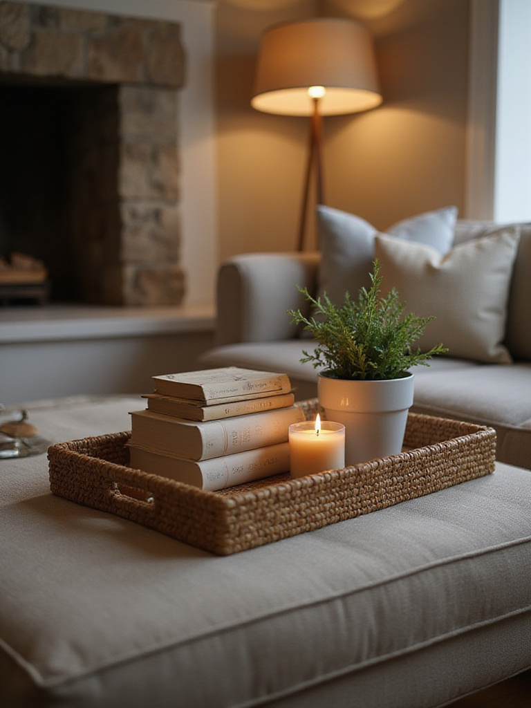 A cozy living room coffee table or ottoman styled with a decorative tray holding books, a lit candle, and a small plant.