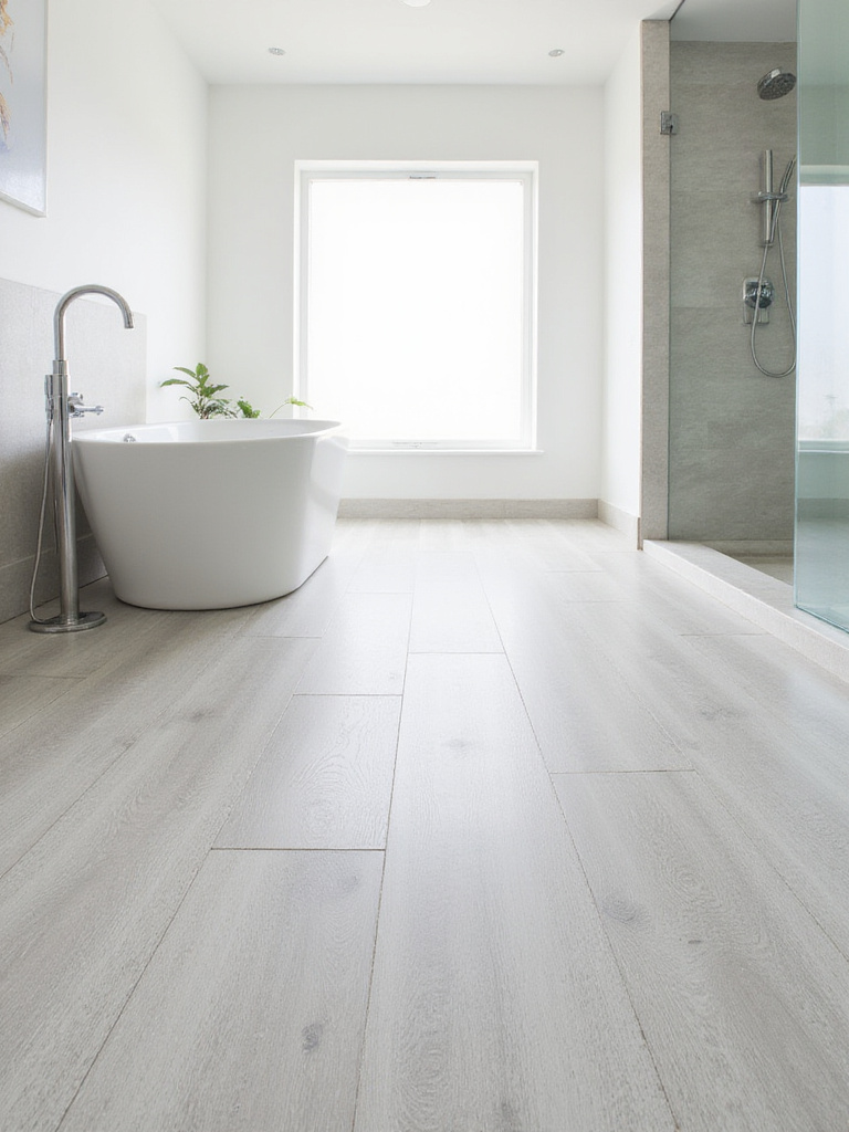 Modern bathroom with stylish and resilient light grey stone-look luxury vinyl tile flooring.