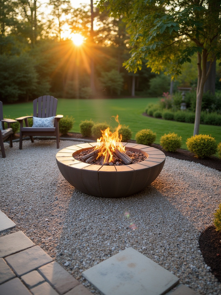 Fire pit surrounded by decorative gravel and patio stones in a serene backyard setting