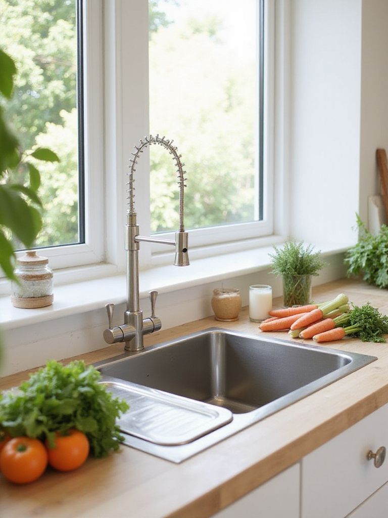 Eco-friendly stainless steel kitchen sink with organic produce, low-flow faucet, and sustainable countertop.