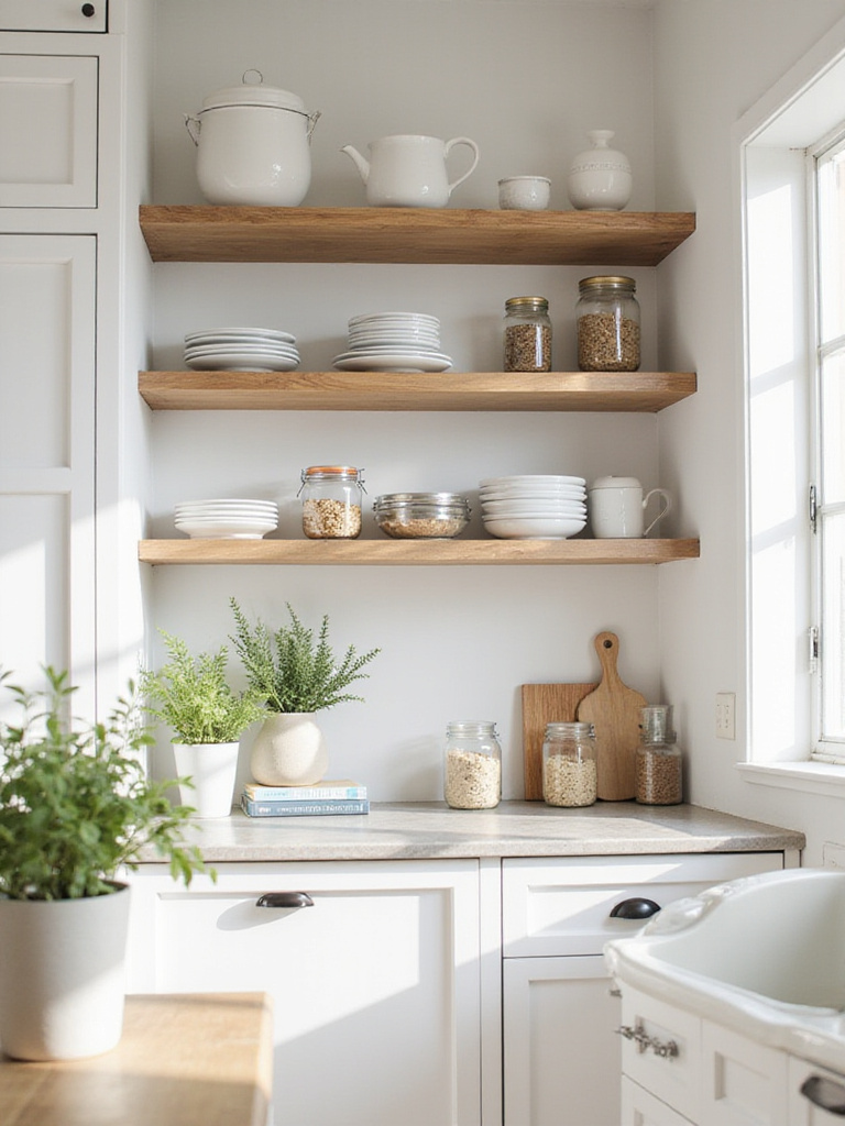 Stylish open kitchen shelving displaying dishes, herbs, and cookbooks.