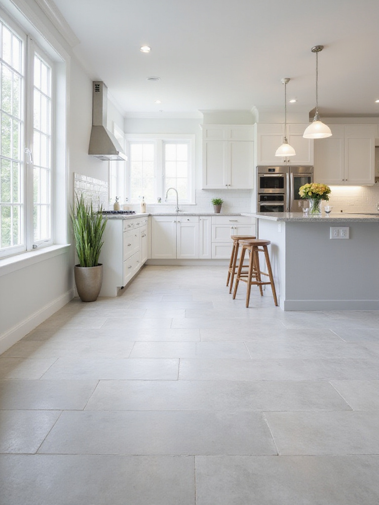 Modern kitchen featuring light gray porcelain tile flooring