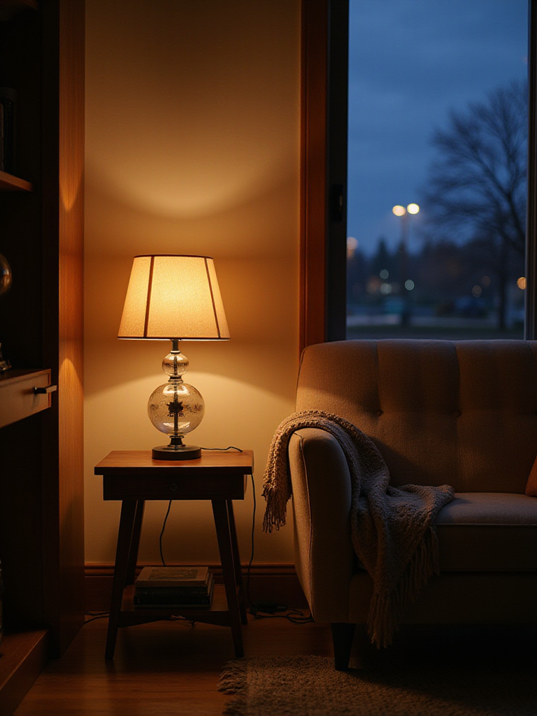 A cozy living room corner featuring a table lamp with a warm-toned fabric shade casting a soft, golden light, creating a warm and inviting atmosphere.