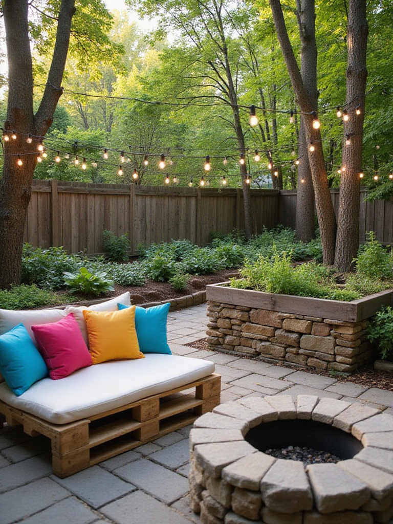 Backyard featuring various DIY projects including a pallet sofa, stone fire pit, and raised garden bed.