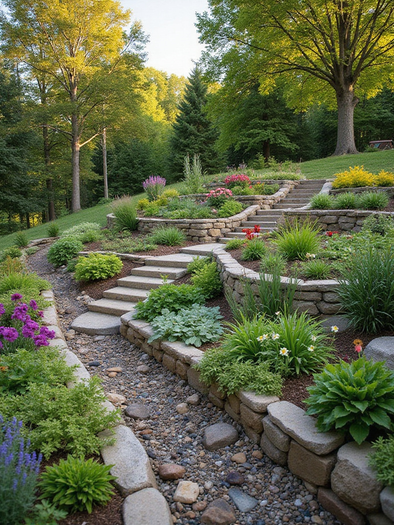Terraced garden on a slope with stone retaining walls, winding pathway, and dry creek bed.