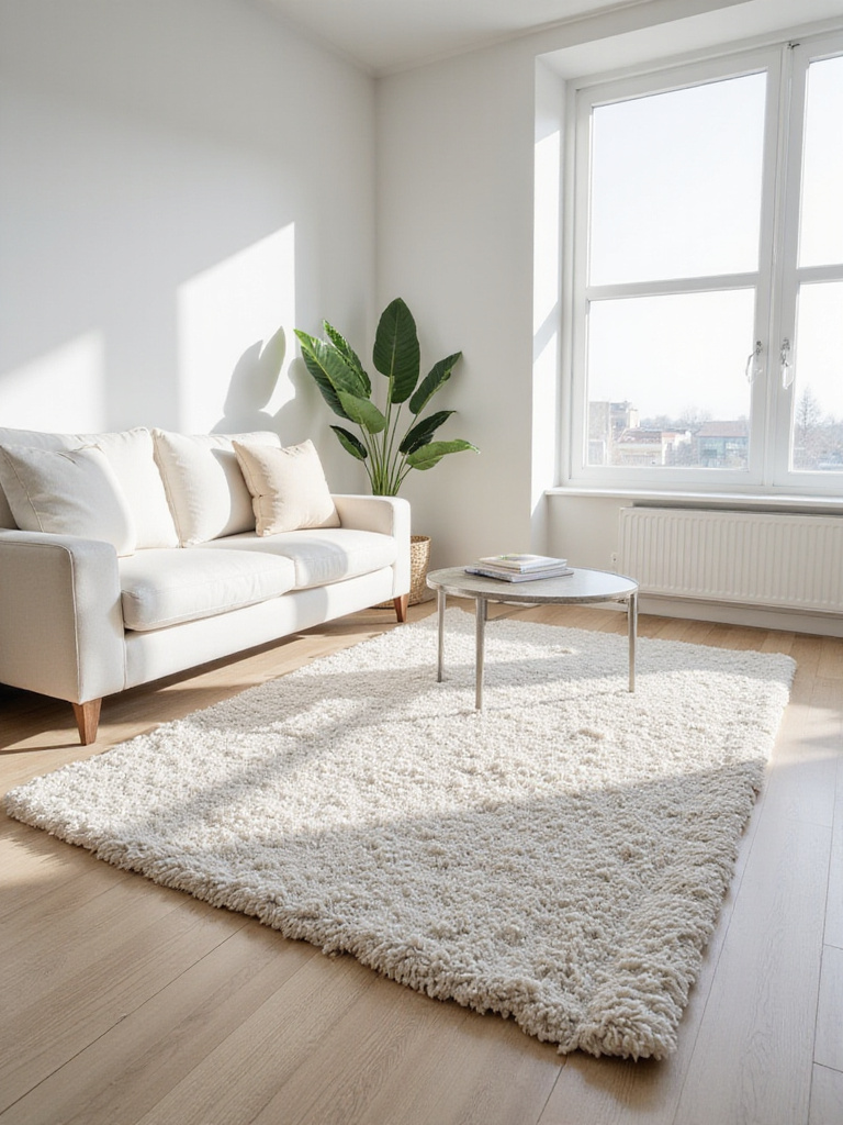 Minimalist living room featuring a large textured neutral area rug grounding a simple sofa and coffee table on a light hardwood floor.