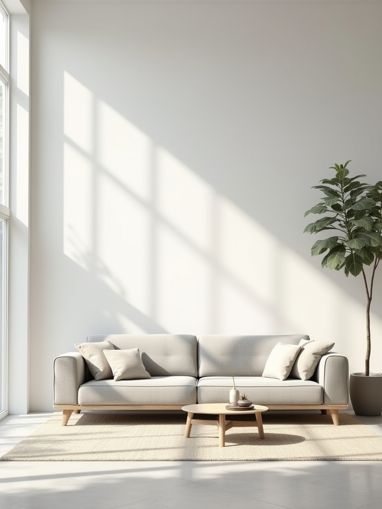 A wide shot of a calm, minimalist living room featuring a clean-lined, neutral-colored sofa on a simple rug, bathed in soft natural light.