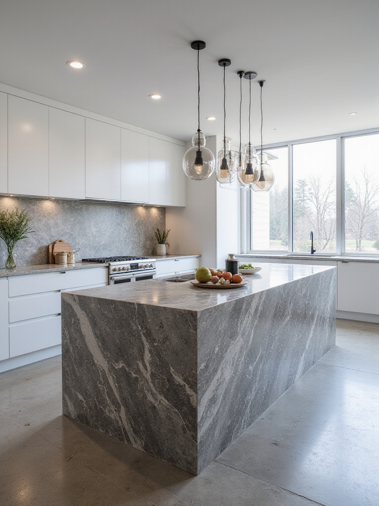 Modern kitchen featuring a dramatic island with a grey marble waterfall edge, showcasing the luxurious, continuous surface flowing to the floor, surrounded by minimalist white cabinetry.