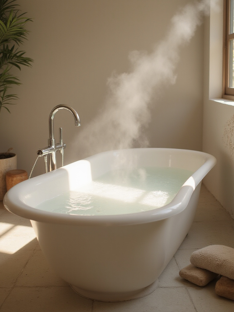 A tranquil bathroom scene with a steaming white freestanding bathtub, suggesting relaxation and health benefits.
