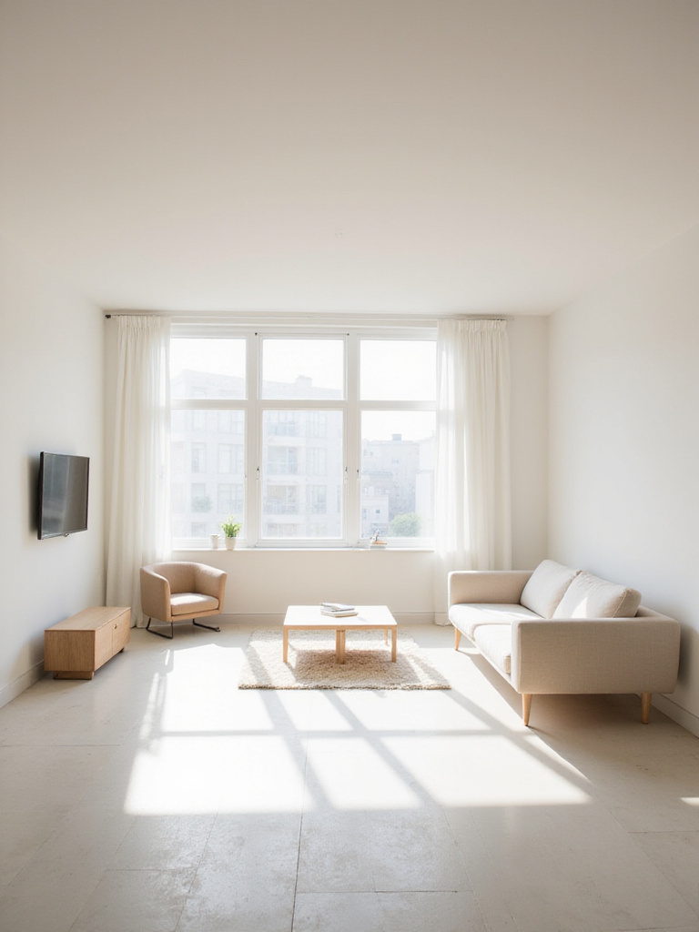 Minimalist living room interior showcasing the importance of negative space with uncluttered floor areas and walls surrounding simple, modern furniture.