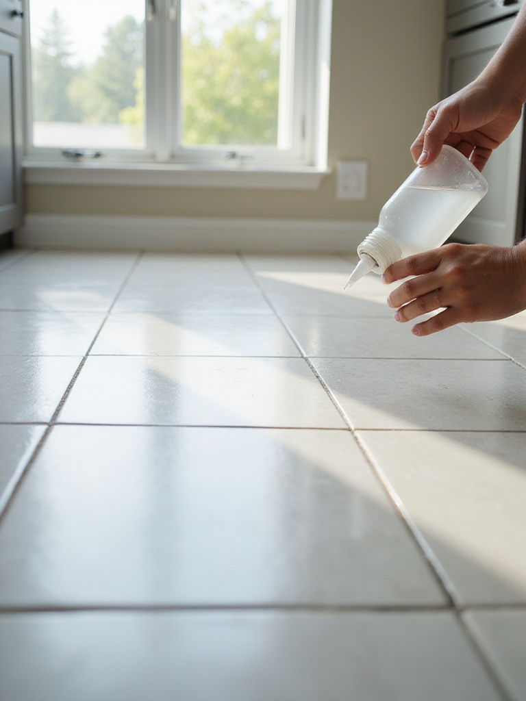 Applying sealer to grout lines on a kitchen tile floor to protect against stains and moisture, ensuring longevity.