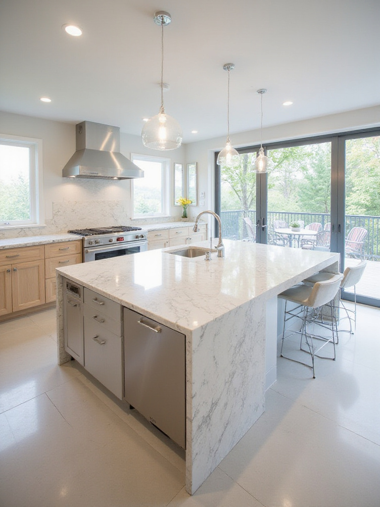 Grand kitchen island with marble countertop and seating.