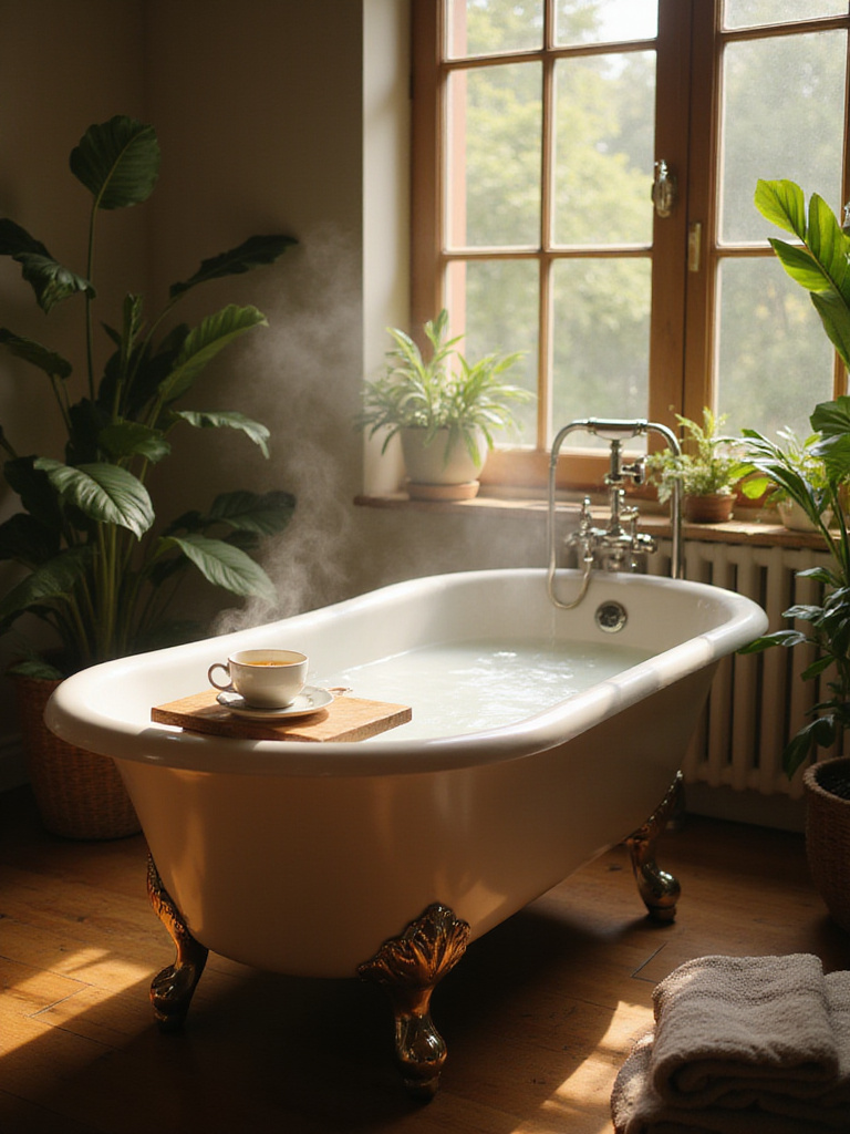 A peaceful bathroom with a steaming clawfoot bathtub, suggesting a relaxing and therapeutic warm soak.