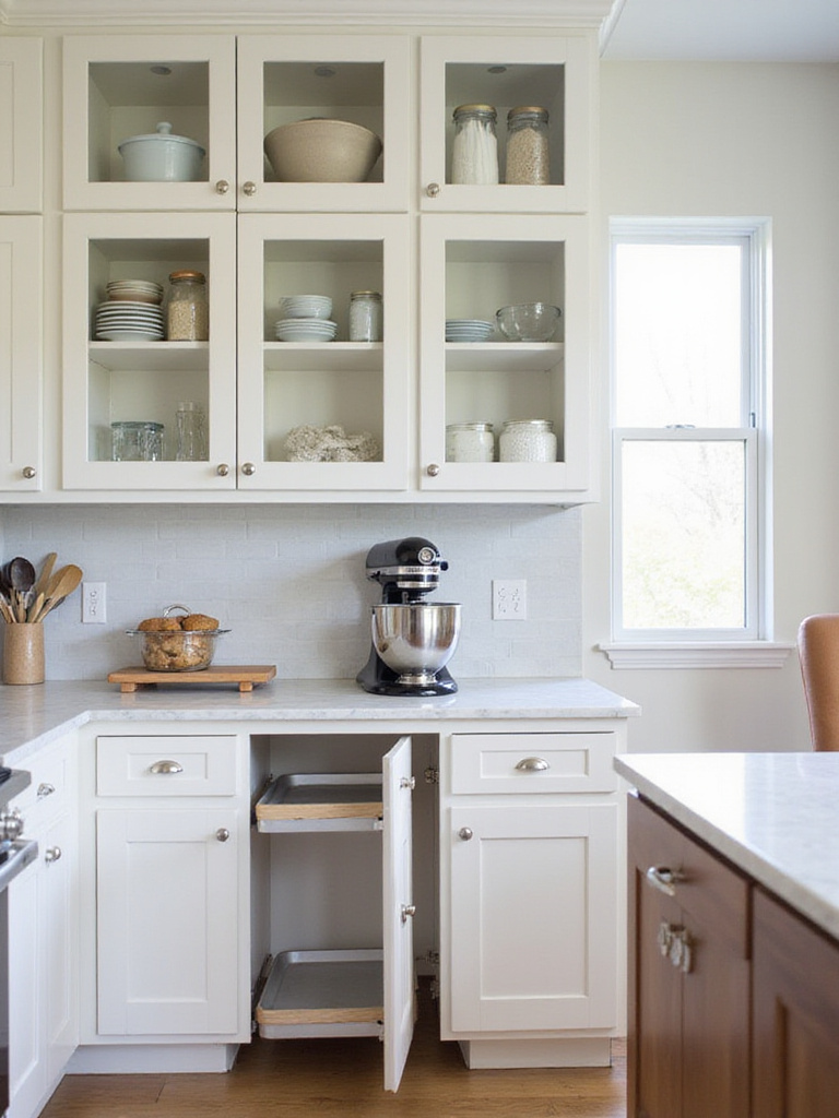 Modern kitchen with a dedicated baking station featuring marble countertops and custom cabinetry.