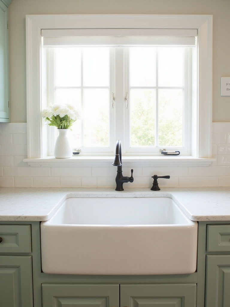 White fireclay farmhouse sink in a bright, modern farmhouse kitchen