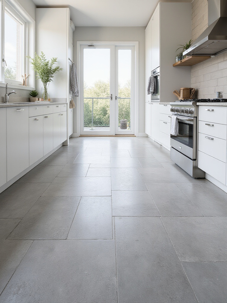 Modern kitchen floor with large format gray porcelain tiles. Expansive tile floor in a contemporary kitchen.