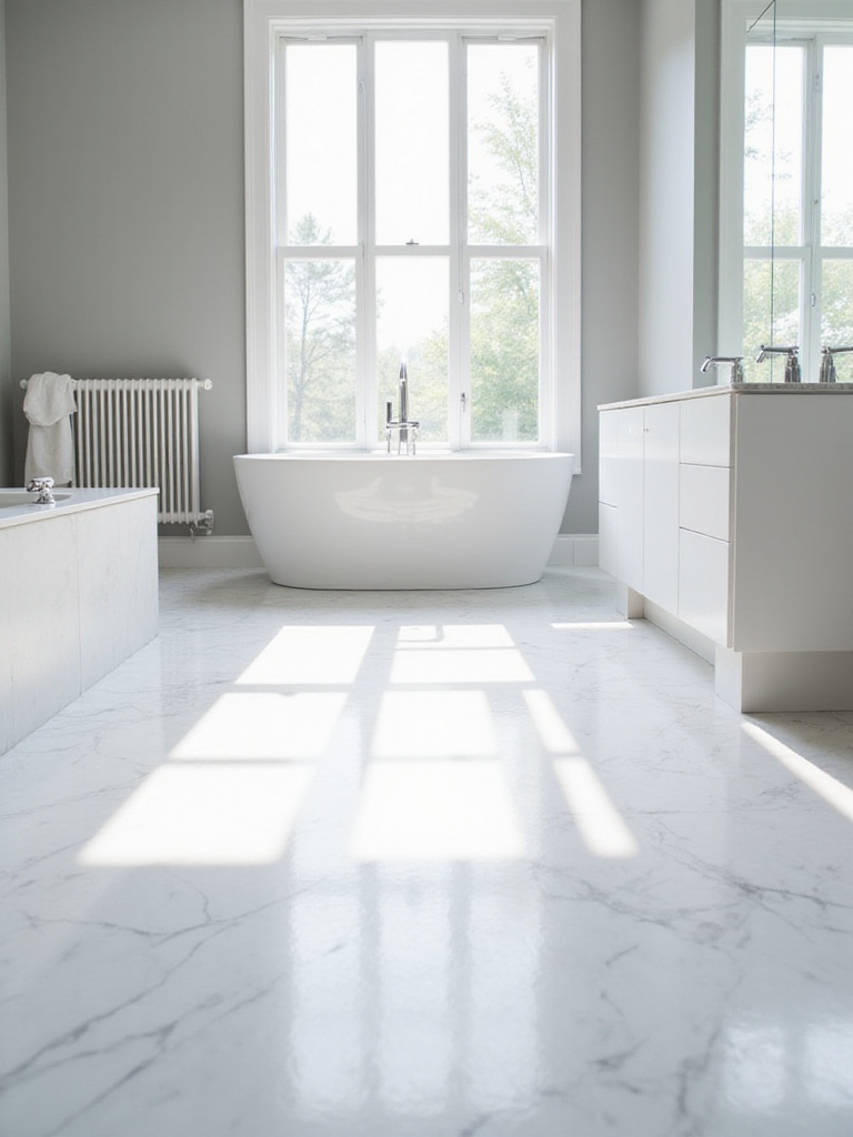 Luxurious bathroom with honed Carrara marble flooring