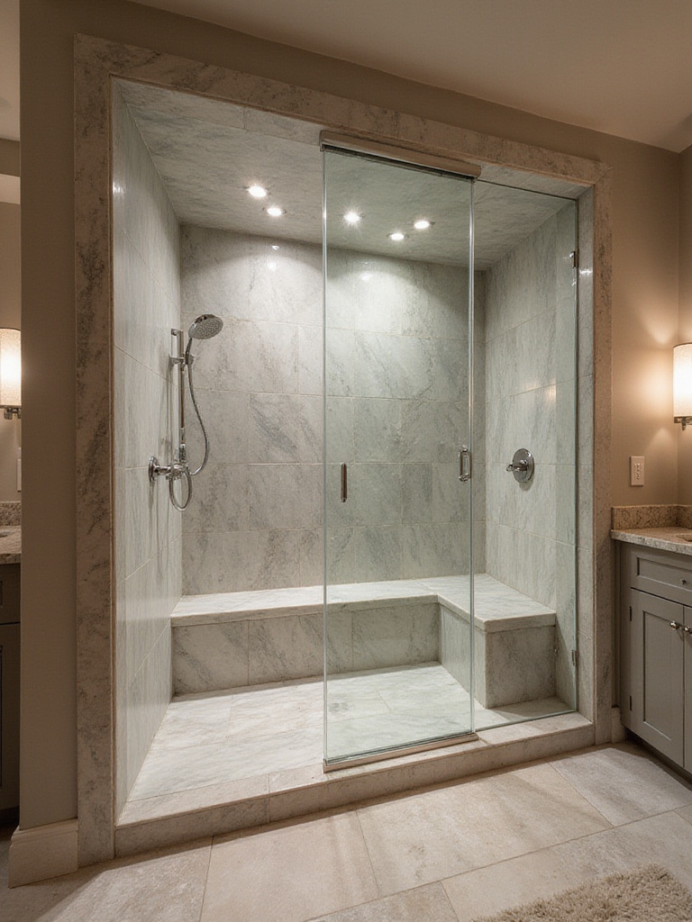Luxury bathroom with a large, modern glass-enclosed steam shower featuring a marble bench and visible steam, highlighting a spa-like remodel.