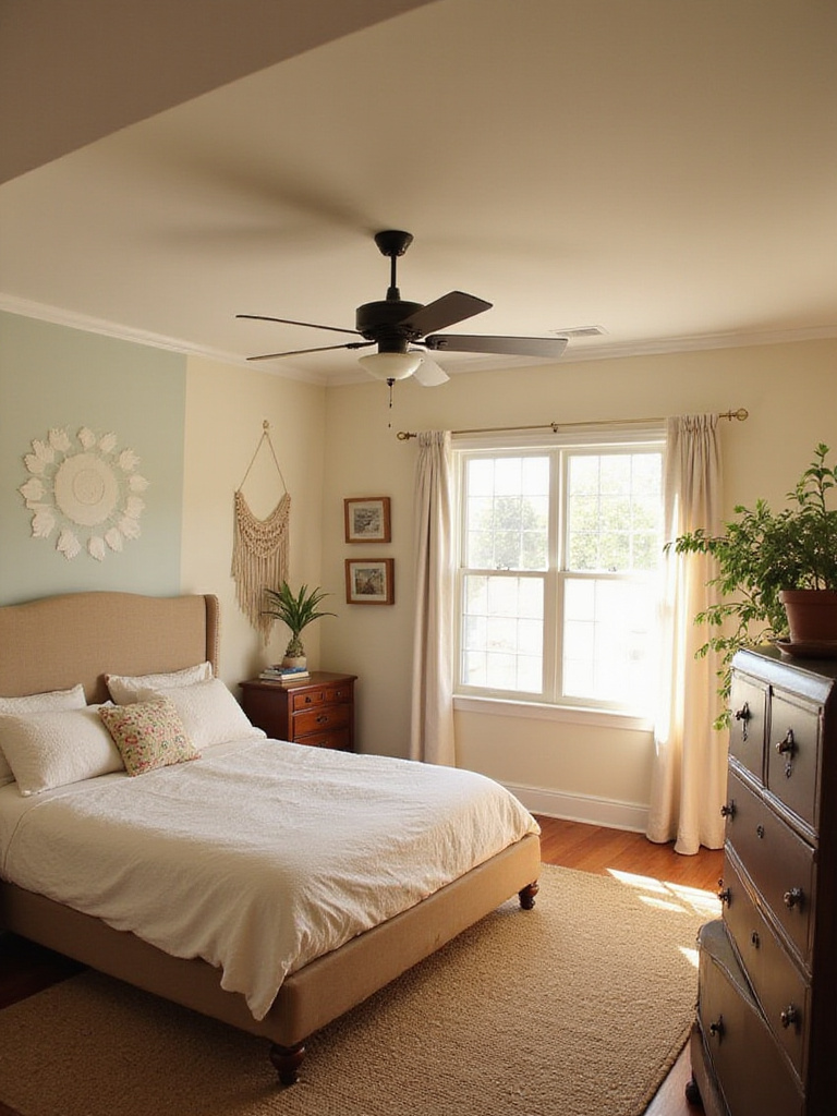 A cozy bedroom featuring various DIY decor projects, including a painted accent wall, a handmade headboard, and a refurbished nightstand, bathed in warm natural light.