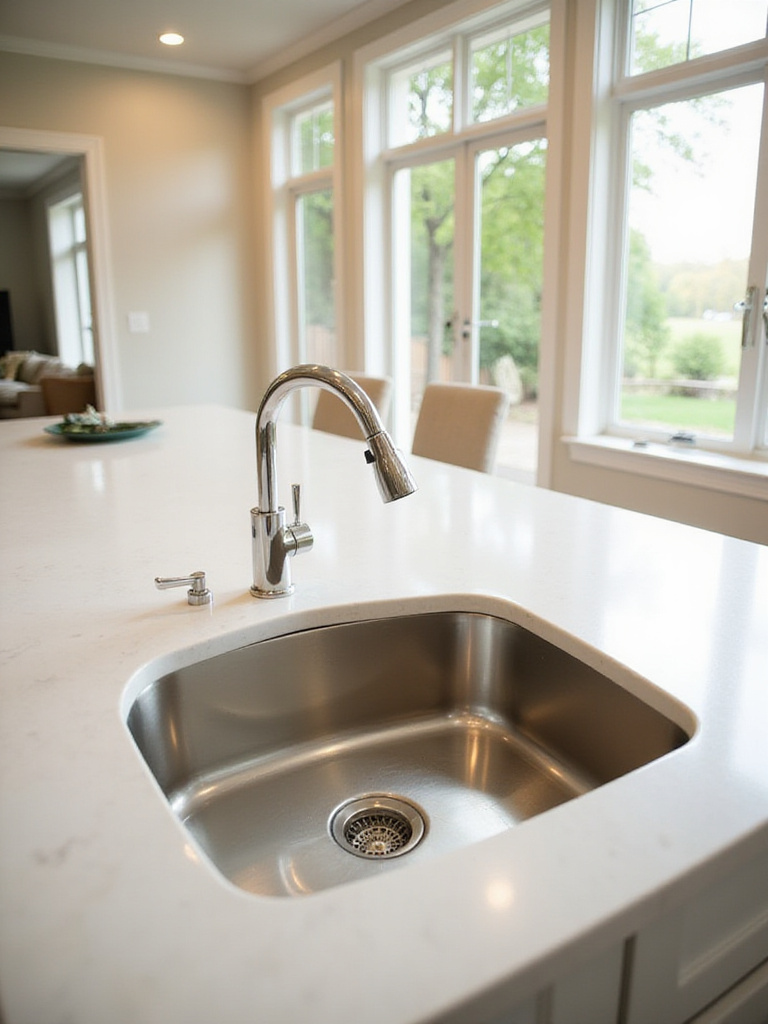 Modern kitchen island with white quartz countertop and stainless steel undermount sink.
