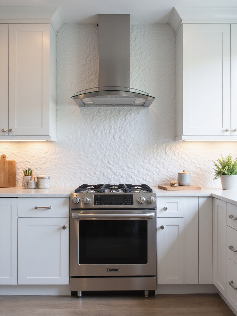Modern kitchen with white flat-panel cabinets and a white 3D geometric tile backsplash illuminated by under-cabinet lighting, adding unique texture behind the range.