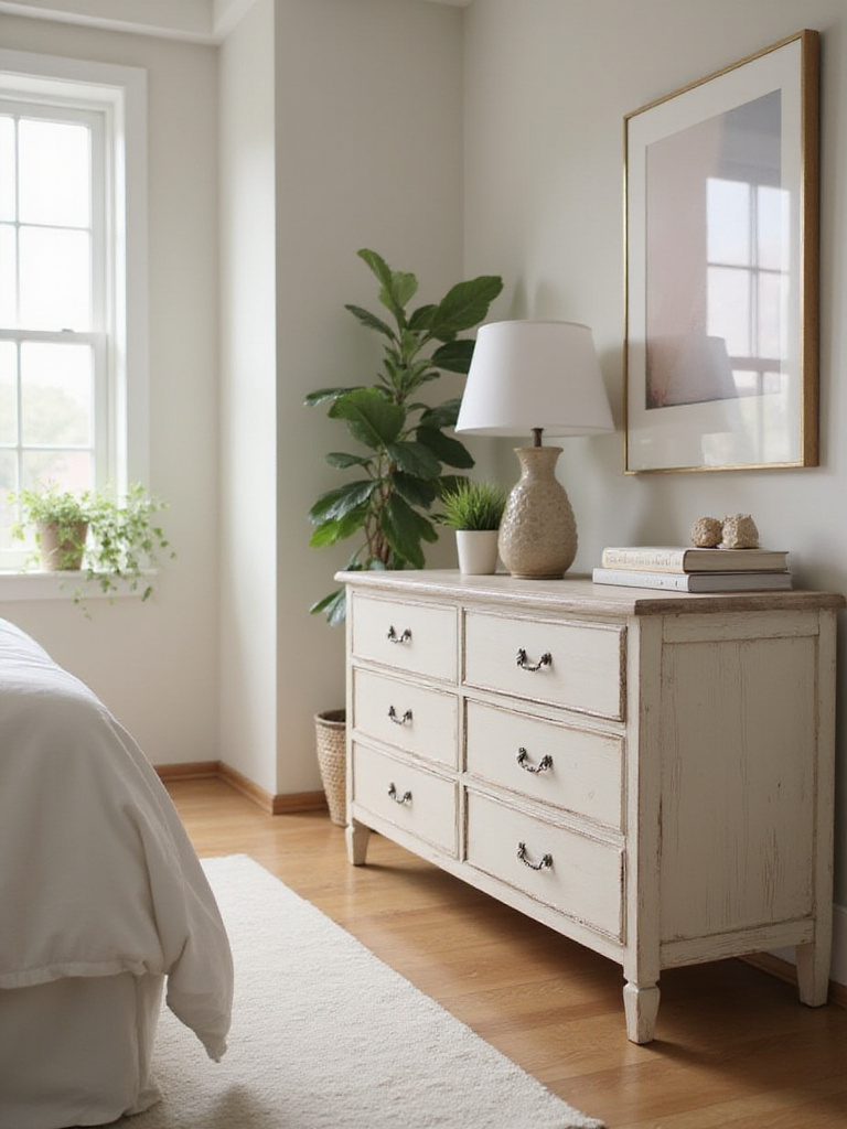 A stylish bedroom dresser featuring unique, decorative hardware knobs, showcasing how updated pulls can transform the look of furniture.