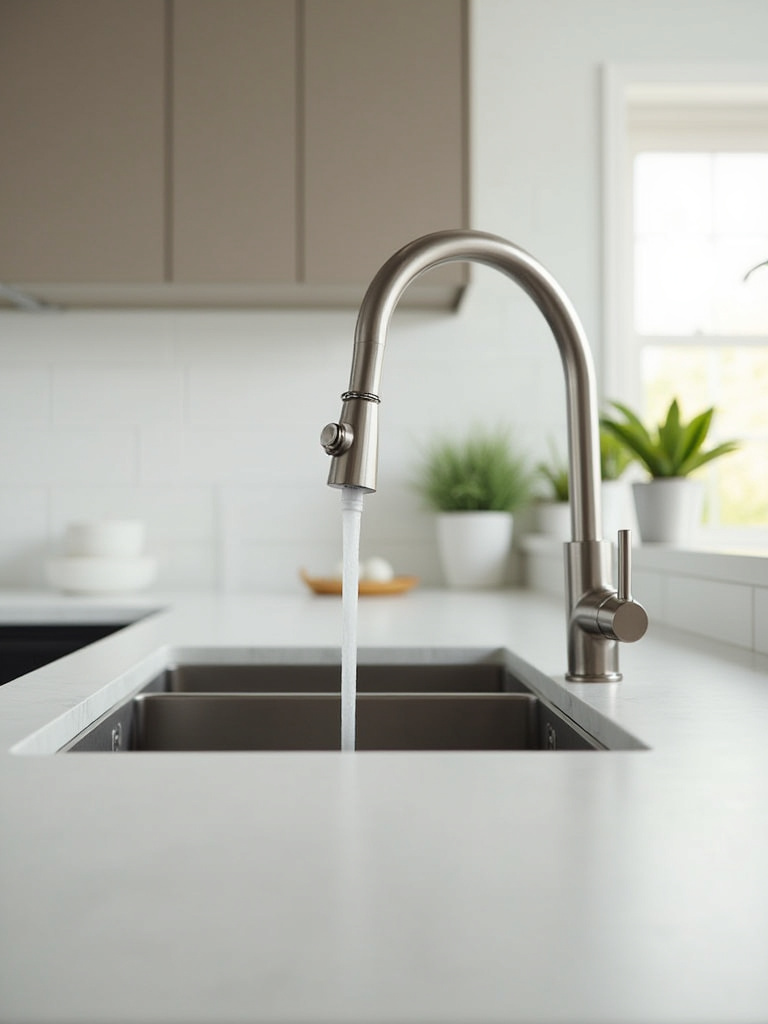 Sleek brushed nickel high-arc pull-down faucet over a stainless steel sink in a modern kitchen with light quartz countertops.