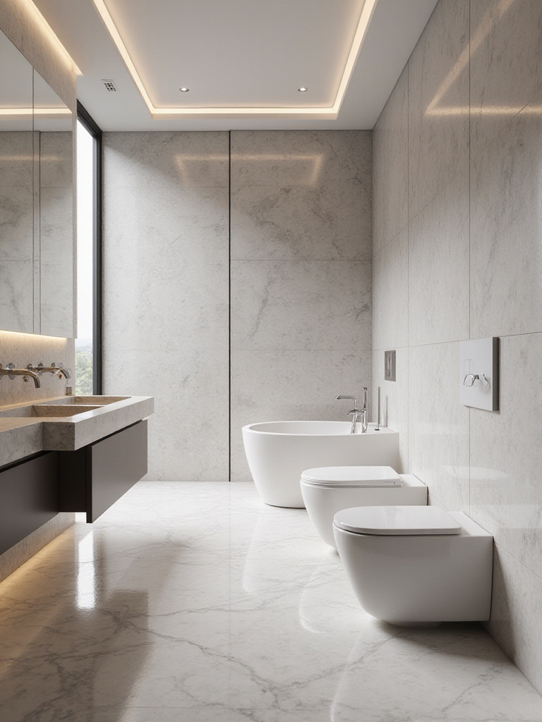 A modern luxury bathroom featuring a sleek, tankless smart toilet, polished marble walls, and minimalist design.
