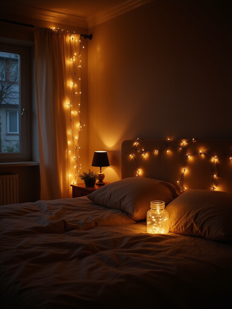 Bedroom corner decorated with warm white fairy lights woven through curtains and draped around a headboard, creating a cozy and ambient atmosphere.