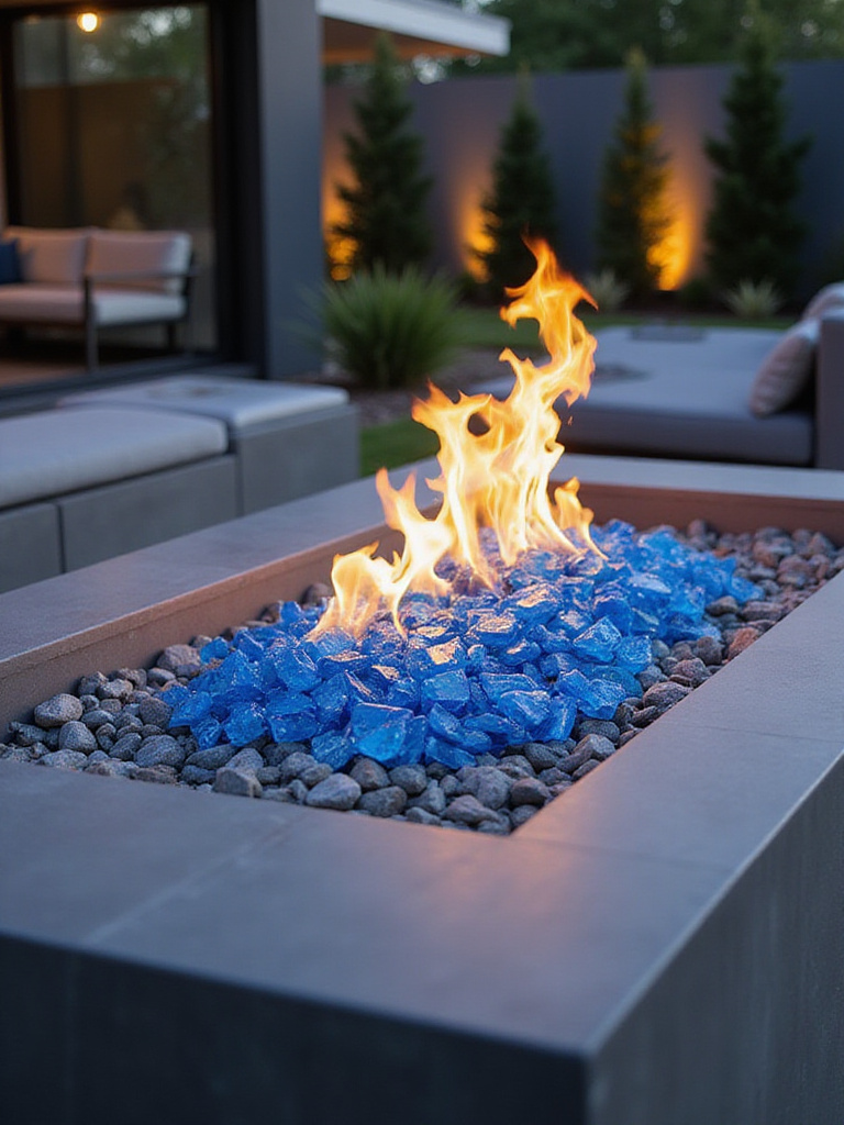 Modern fire pit with blue fire glass and grey lava rocks in a contemporary backyard setting.