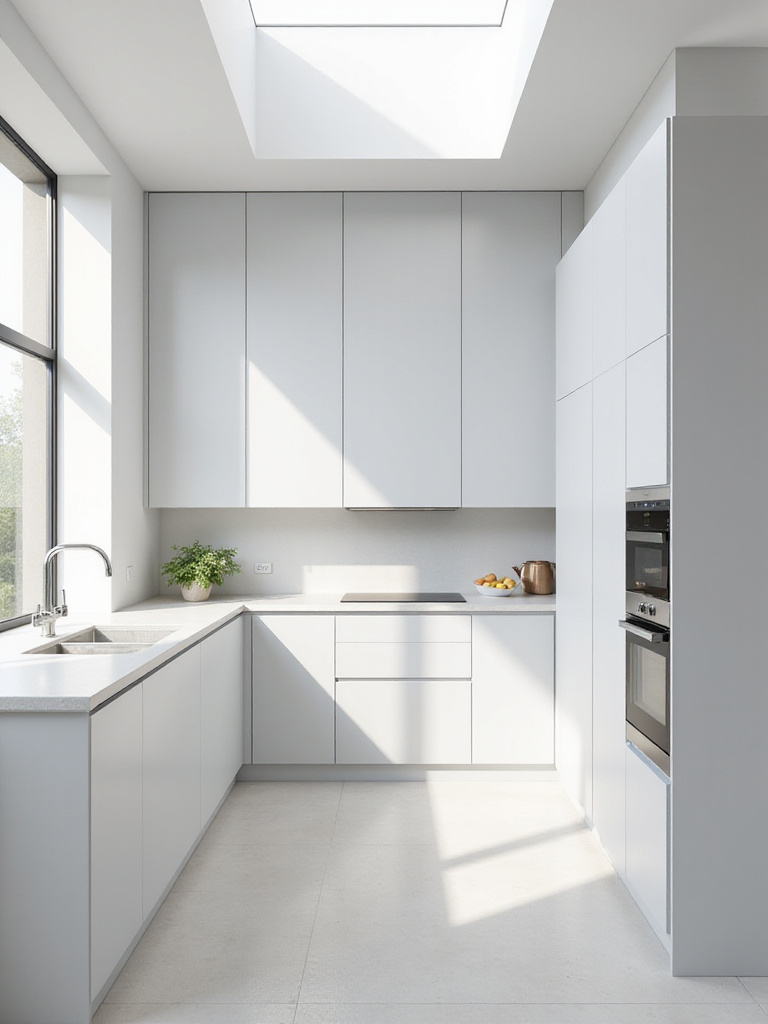 Modern kitchen interior showcasing seamless cabinetry with integrated appliances. A refrigerator and dishwasher are hidden behind flush panels that match the surrounding cabinets, creating a clean, minimalist look.