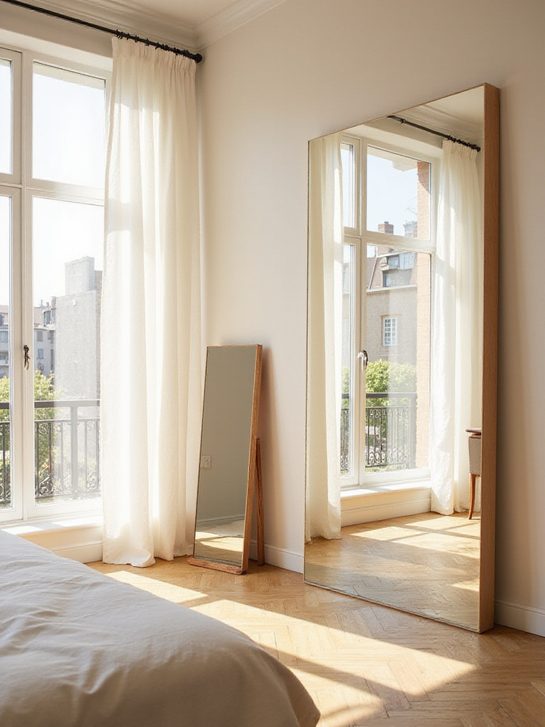 Bedroom designed to look brighter and more spacious using mirrors. A large wall mirror reflects a window, flooding the room with light, while a leaning floor mirror adds depth.