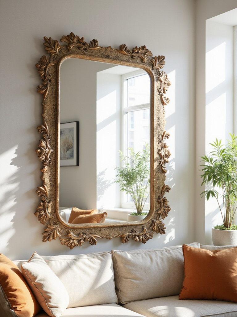 A bright living room with a large mirror reflecting a window and furniture, making the space appear larger and filled with natural light.