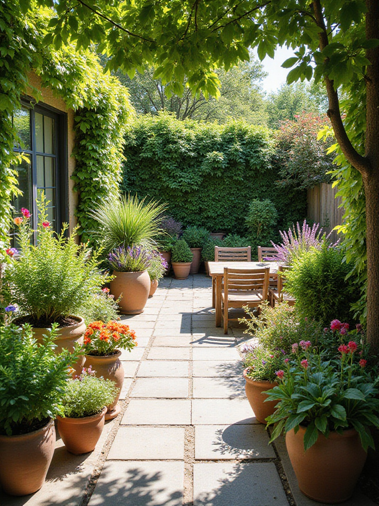 A stone patio covered in numerous planters filled with lush green plants and colorful flowers, creating a vibrant, natural outdoor living space.